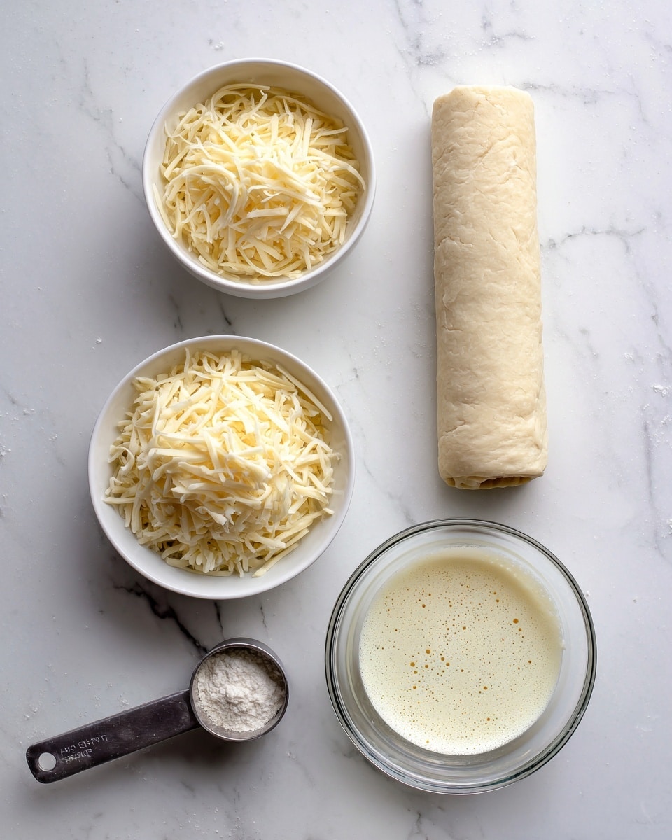 The image shows four ingredients arranged on a white marbled surface. There are two small white bowls with shredded pale yellow mozzarella cheese, one slightly above the other. To the right of the bowls is a blue and red can of crescent rolls placed horizontally. Below the bowls is a small metal measuring scoop filled with white ranch seasoning powder. At the bottom right is a large clear glass bowl with light yellow egg whites having small bubbles on the surface. The photo taken with an iphone --ar 4:5 --v 7