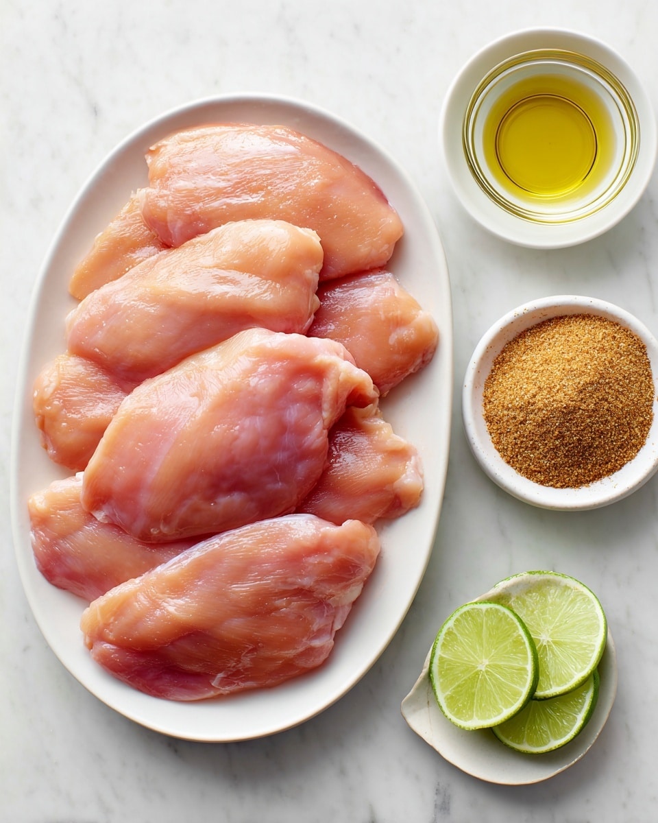 A white oval plate filled with several raw chicken thighs, pink and glossy, arranged in layers covering the entire plate. To the left of the plate, there is a small white bowl containing brown taco seasoning with a granular texture, and above it, a small clear glass bowl filled with light yellow oil. To the right of the plate, a small white round bowl holds a halved lime showing its bright green interior and segments. All these items are placed on a white marbled surface, giving a clean and fresh look. Photo taken with an iphone --ar 4:5 --v 7