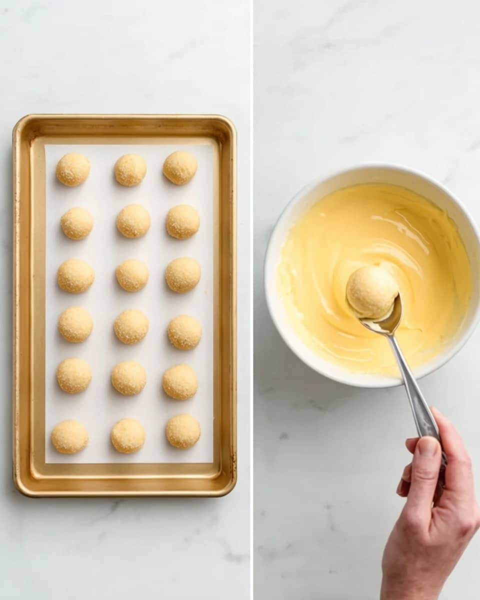 The image shows two side-by-side scenes on a white marbled surface. On the left, there is a golden baking tray with a white paper liner, containing 15 small, round dough balls arranged in three rows of five. Each dough ball has a light beige color and a slightly rough texture. On the right, a white bowl contains smooth, thick yellow batter or cream, with a spoon dipped into it holding a dollop of the mixture. The spoon is silver with a long handle, and a woman's hand is holding the spoon delicately above the bowl. Photo taken with an iphone --ar 4:5 --v 7