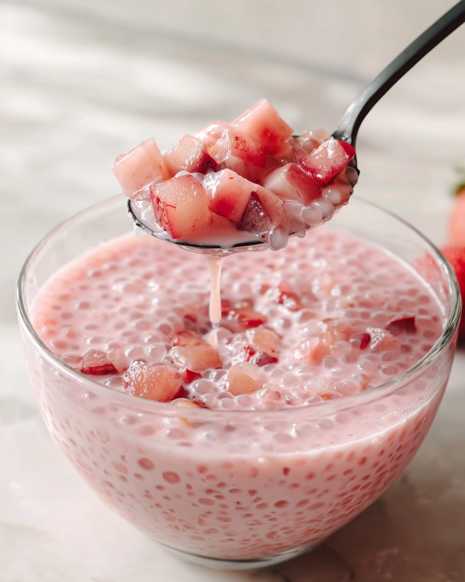 A clear glass bowl filled with a creamy pink dessert that has small round tapioca pearls and pieces of pink and red fruit mixed throughout. A black ladle lifts a scoop showing the thick texture with shiny, softly translucent cubes and small red fruit bits, all floating in the pink creamy liquid. The bowl sits on a white marbled surface with soft natural light giving the dessert a fresh and inviting look. photo taken with an iphone --ar 4:5 --v 7