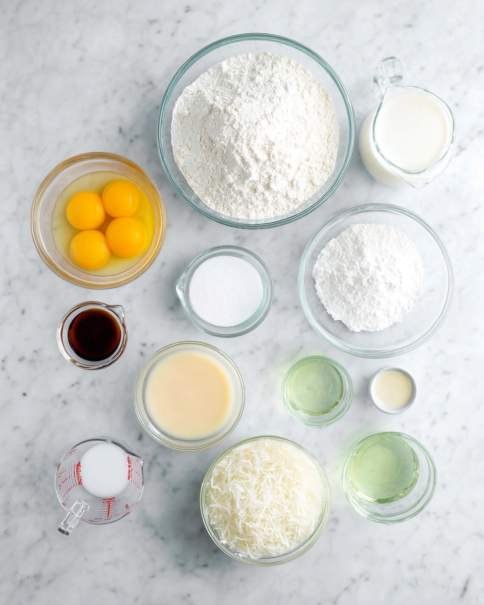 The image shows a collection of clear glass bowls and measuring cups arranged neatly on a white marbled surface. At the top center is a large bowl filled with white flour. To the left is a smaller bowl holding three bright yellow egg yolks. Below the flour bowl is a medium bowl full of white sugar. Slightly to the right of the sugar bowl is a small bowl with a pale beige liquid. Near the lower right corner is a medium bowl filled with white shredded coconut. On the lower left side, there is a glass measuring cup with clear liquid, and in front of it, a tiny bowl with dark brown vanilla extract. In the center is another medium bowl holding a clear liquid with a greenish tint. To the right of it is a small bowl of white powder. A small bowl with white salt is also visible at the top left near the egg yolks and sugar. Another glass measuring cup filled with white milk is placed near the upper right side. All containers are transparent and placed on the clean white marbled surface, creating a clean and bright scene photo taken with an iphone --ar 4:5 --v 7