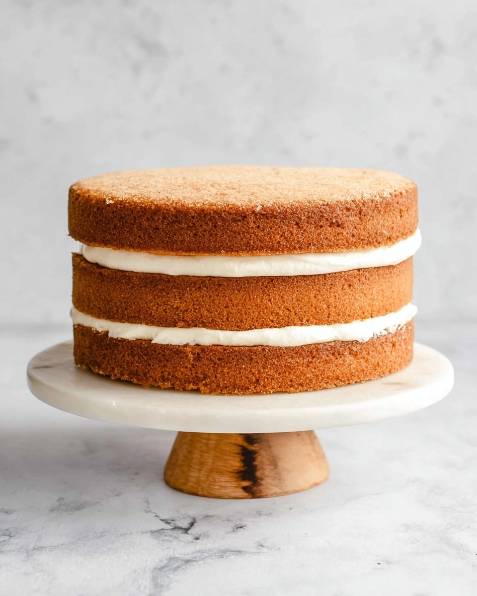 A two-layer round cake with light brown sponge layers and a thick white cream filling between them, stacked evenly. The cake sits on a white marble cake stand with a wooden base, placed on a surface with white marbled texture. The cake has a smooth, slightly crumbly texture on the outside, with the cream layer visible and slightly uneven along the edges. The background is a soft, light gray with subtle texture, creating a clean and simple look. Photo taken with an iphone --ar 4:5 --v 7