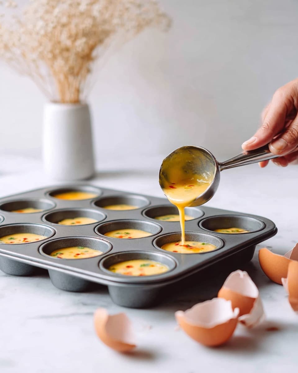 A gray metal muffin tray with twelve cups is shown with a woman's hand holding a metal ice cream scoop that is pouring an orange-yellow egg mixture with small bits of red and green into one of the cups. Some cups already have the egg mixture filled about halfway. In the foreground on the white marbled surface, there are broken brown eggshells scattered. In the blurry background, there is a white vase with dried beige flowers. The scene is bright and clean. photo taken with an iphone --ar 4:5 --v 7