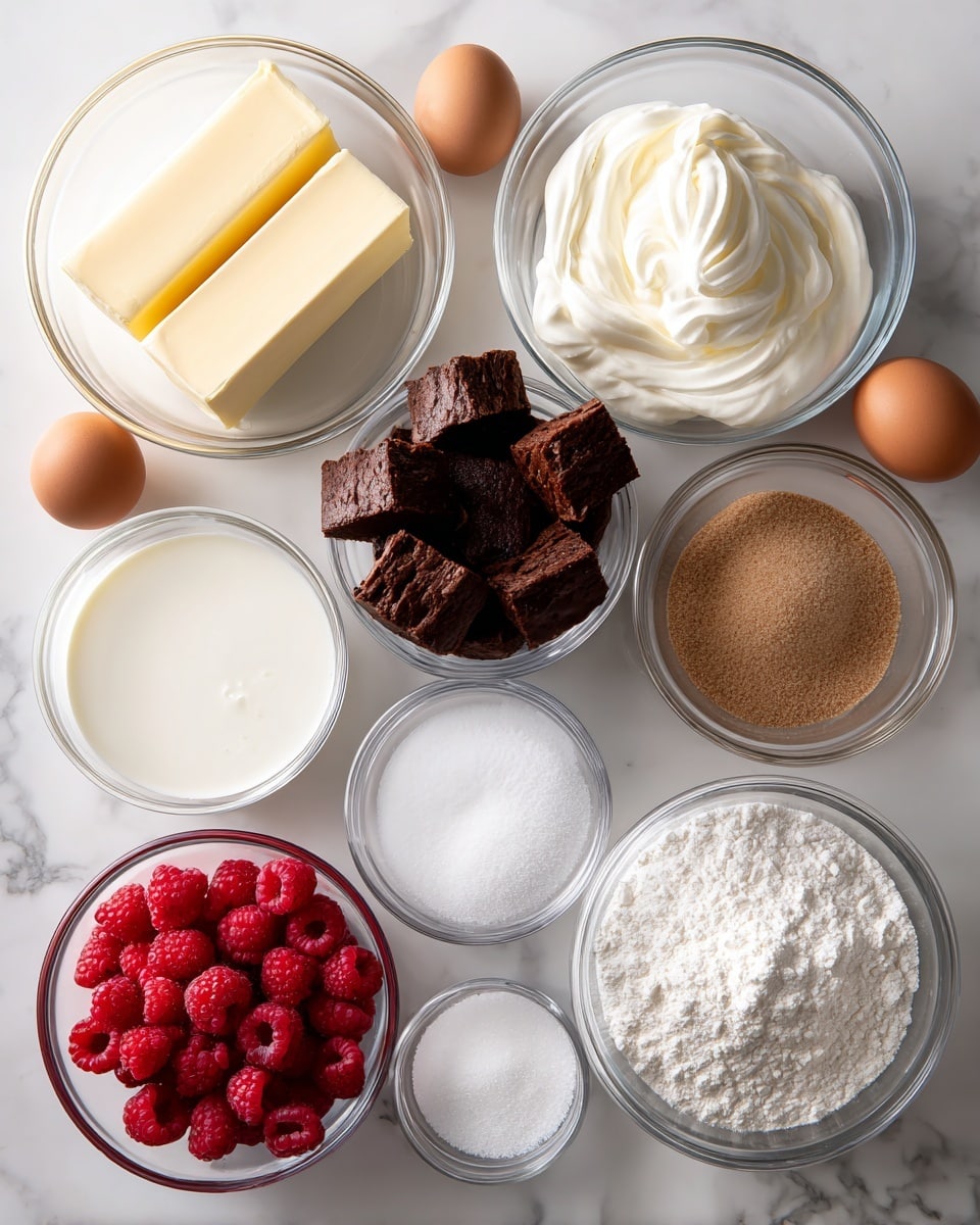 The image shows several clear glass bowls and two brown eggs arranged neatly on a white marbled surface, each containing different baking ingredients. There is a bowl with two sticks of pale yellow butter, another with white heavy whipping cream, a bowl filled with dark brown unsweetened chocolate chunks, and a bowl of light brown brown sugar. In separate bowls, there are white sour cream, clear vanilla extract, fine white sugar, and white all-purpose flour. A small glass bowl contains some white salt, and another bowl is filled with bright red fresh raspberries labeled as fruit. Everything is placed in an organized layout, making each ingredient visible and clear. Photo taken with an iphone --ar 4:5 --v 7