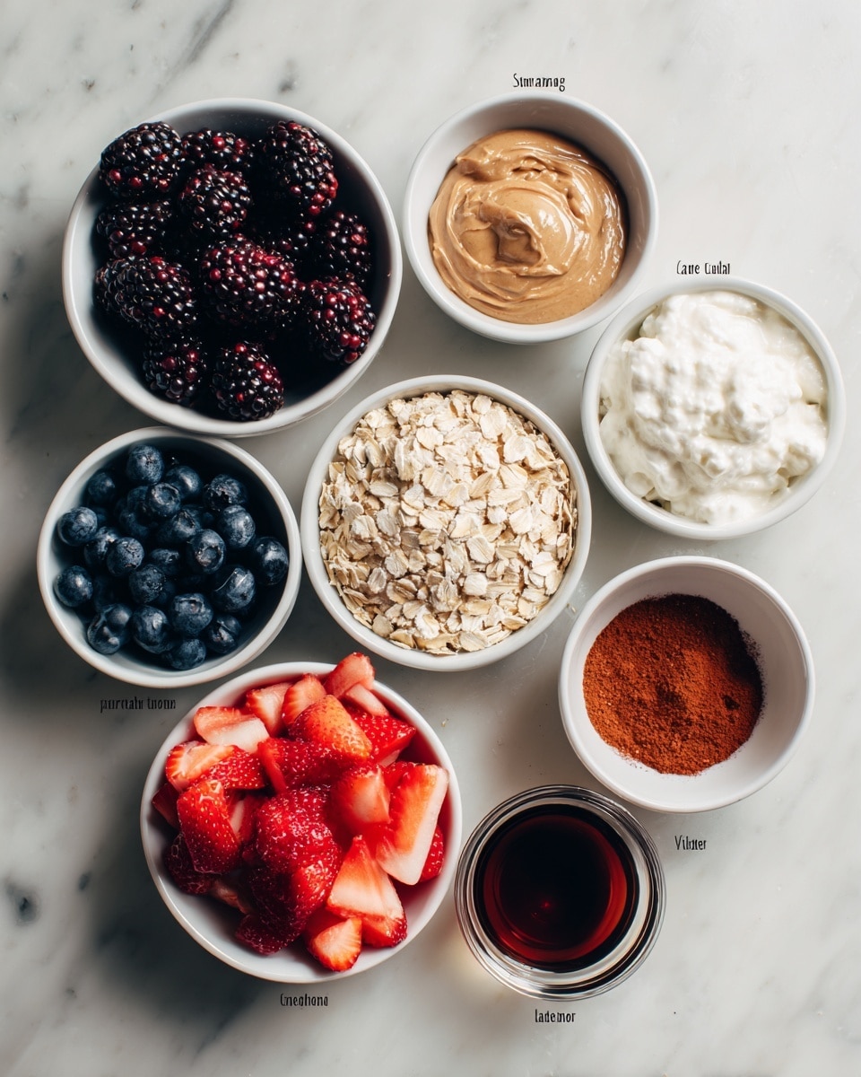 The image shows eight small white bowls placed on a white marbled surface, each containing a different ingredient. Starting from the top left is a bowl filled with dark purple-black blackberries with some texture visible. To its right is a bowl filled with smooth, light brown nut butter. Below the blackberries is a bowl holding pale beige rolled oats, showing a flat, dry texture. Just right of the nuts is a bowl with dark blue blueberries, round and shiny. Below the oats is a small bowl with reddish-brown cinnamon powder, fine and smooth. Next to that is a larger bowl filled with thick, fluffy white Greek yogurt or skyr, visibly creamy. Below the cinnamon is a bowl containing bright red, sliced strawberries with visible seeds and juicy texture. At the bottom right corner is a small bowl of dark brown vanilla extract with a glossy, liquid surface. The bowls are neatly arranged with labels on top of each showing the ingredient names. photo taken with an iphone --ar 4:5 --v 7