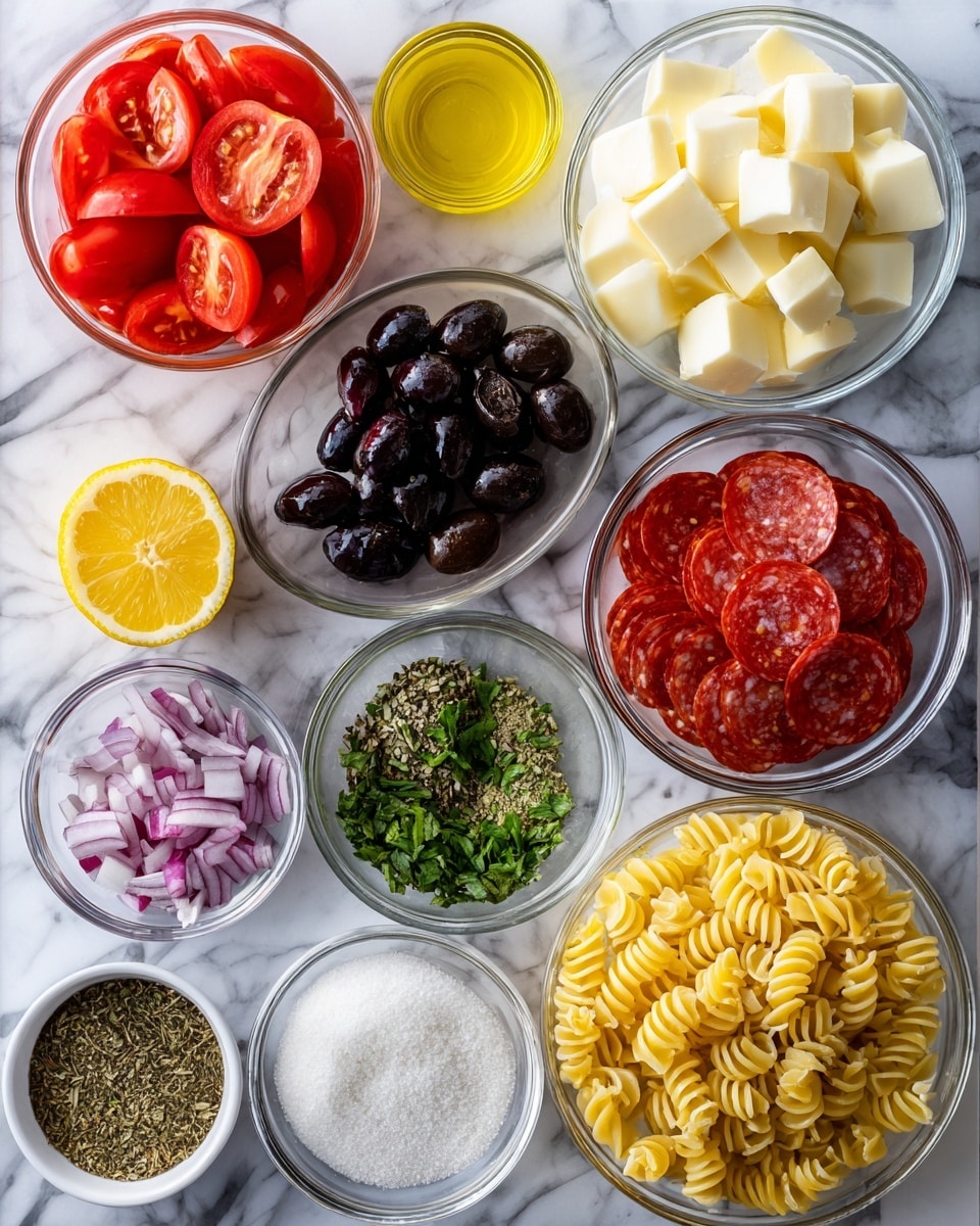 The image shows a white marbled surface with eleven small clear glass bowls and two lemon halves arranged neatly. Starting from the top left, there is a bowl full of bright red sliced tomatoes, next to it on the right is a bowl filled with off-white cubes of provolone cheese. At the top right corner, a bowl holds shiny dark black olives. Below the olives, a bowl contains red and white pieces of salami. In the center left, there is a bowl with small purple and white pieces of red onion, below that is half a lemon on the left, and next to it is a bowl filled with dried oregano, dark green and finely chopped. Below the oregano, there is a bowl with bright white sugar. Centered near the top is a bowl with bright green chopped green pepper. In the middle, a very small bowl with minced white garlic is visible. To the right of the garlic is a bowl filled with light yellow grated parmesan cheese. Below the garlic and parmesan cheese, a bowl contains pale yellow olive oil. At the bottom right, a large bowl holds dry spiral yellow pasta. To the left of the pasta bowl is a bowl filled with dark red wine vinegar. Everything is placed on a smooth white marbled surface. Photo taken with an iphone --ar 4:5 --v 7