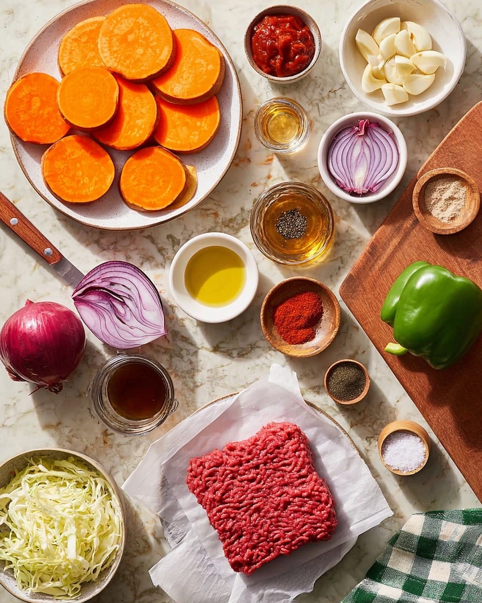 The image shows a flat lay of cooking ingredients on a white marbled surface. In the top left, a white plate holds thin round slices of bright orange sweet potato, with a knife resting on the plate's edge. Nearby, there are small white bowls and glass containers with red paste, light yellow oil, peeled garlic cloves, and sliced red onions. A small wooden board holds a green bell pepper, red onion halves, and a small wooden bowl filled with three spices: red powder, black pepper, and white salt. On the bottom right, a white plate lined with parchment paper holds a block of raw red ground meat. There is a white bowl of shredded pale yellow cabbage near the bottom left. Various small bowls and jars with mustard, dark liquid, red sauce, pickles, and salt are scattered evenly across the surface. A green and white checkered cloth is partially visible near the bottom right. Photo taken with an iphone --ar 4:5 --v 7