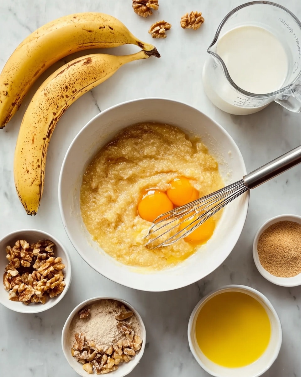 A white bowl sits center on a white marbled surface, filled with a mix of mashed yellow bananas and two raw orange egg yolks partially blended together with a silver whisk resting inside. Surrounding the bowl are several small white bowls with different ingredients: one with broken walnut pieces, another with a light brown powder, and a third with bright yellow liquid, all neatly placed. A clear measuring cup filled with white milk sits above the main bowl near the walnuts. Two ripe yellow bananas with brown spots lie on the left side, adding color contrast. The scene captures a warm, inviting preparation moment, photo taken with an iphone --ar 4:5 --v 7