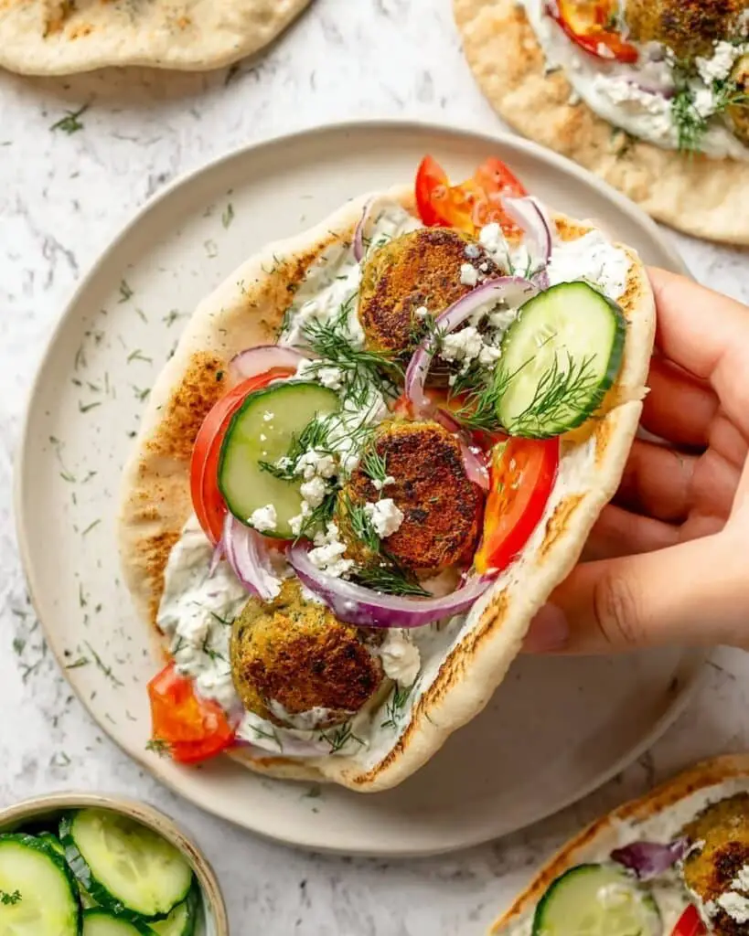 Herby Chicken Meatball Pitas with Jalapeño Tzatziki Recipe