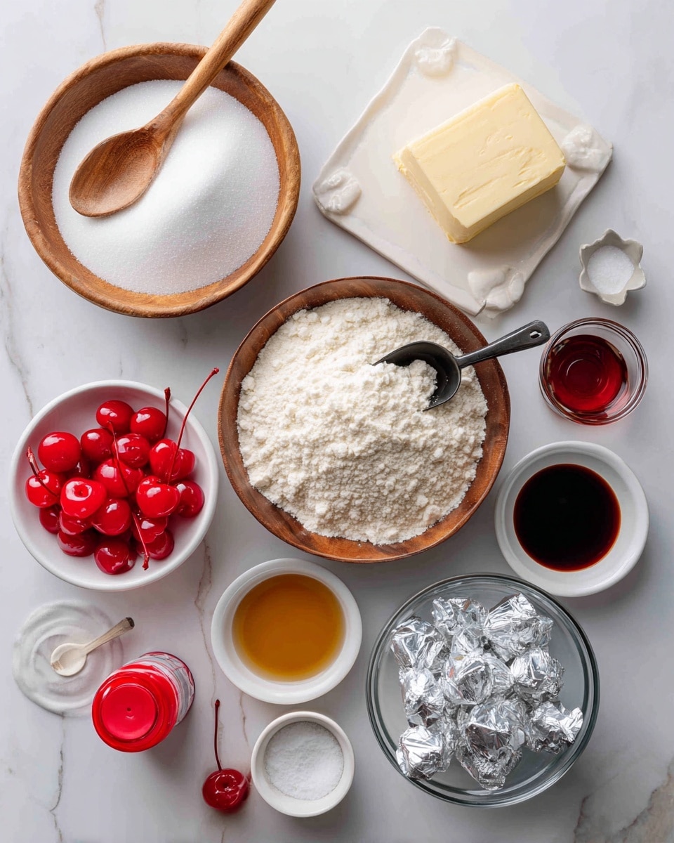 The image shows an overhead view of different baking ingredients placed on a white marbled surface. At the top left, there is a wooden bowl filled with white granulated sugar and a wooden spoon inside it. Next to it on the right, a small white square plate holds a block of pale yellow butter. Below the butter, there is a wooden bowl filled with white all-purpose flour with a dark metal scoop resting in it. At the center left, a small white bowl contains bright red maraschino cherries with shiny surfaces and stems. Below it, a small bottle of red food coloring with a red cap stands next to a small wooden spoon holding white salt. To the right of the salt, two small white round bowls hold dark amber vanilla extract and clear almond extract, respectively. Below these, a small white bowl contains bright red maraschino cherry juice. At the bottom left, a wooden bowl filled with white powdered sugar holds a silver sifter. On the bottom right, a clear glass bowl is filled with silver-wrapped Hershey’s Kiss chocolate candies. The overall scene is bright, clean, and organized. photo taken with an iphone --ar 4:5 --v 7