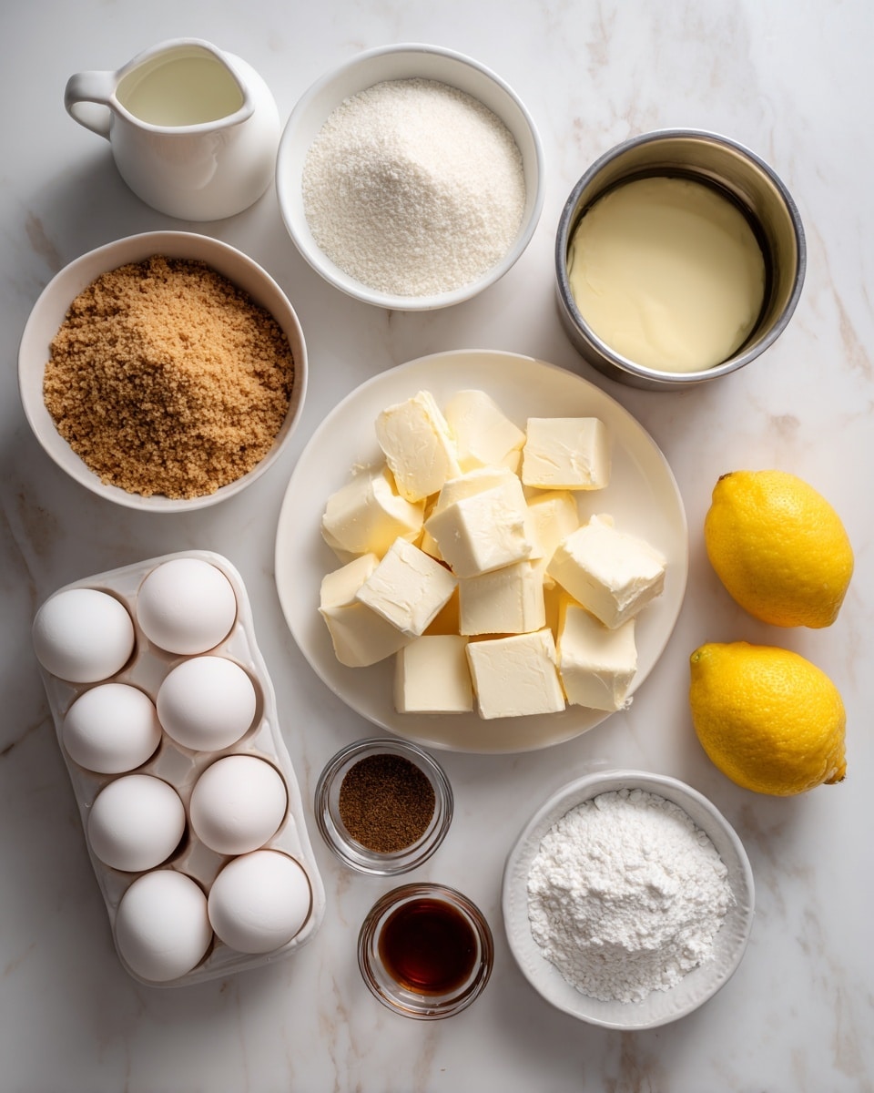 The image shows various ingredients arranged neatly on a white marbled surface. In the center, there is a white plate filled with cubed cream cheese. Above it, slightly to the right, is a small metal pot with melted butter. To the right of the butter, there are two whole yellow lemons. Below the lemons, a white bowl holds light brown graham cracker crumbs. To the left of the graham cracker crumbs is a small white pitcher with milk inside. Below the cream cheese and to the left is a white egg carton holding three white eggs. In the middle bottom, small clear bowls contain brown sugar, cornstarch, almond extract, vanilla extract, and poppy seeds arranged from left to right. Lastly, two small white measuring cups with sugar and sour cream are placed near the bottom right corner. The setup is simple and clean, all on the white marbled texture photo taken with an iphone --ar 4:5 --v 7