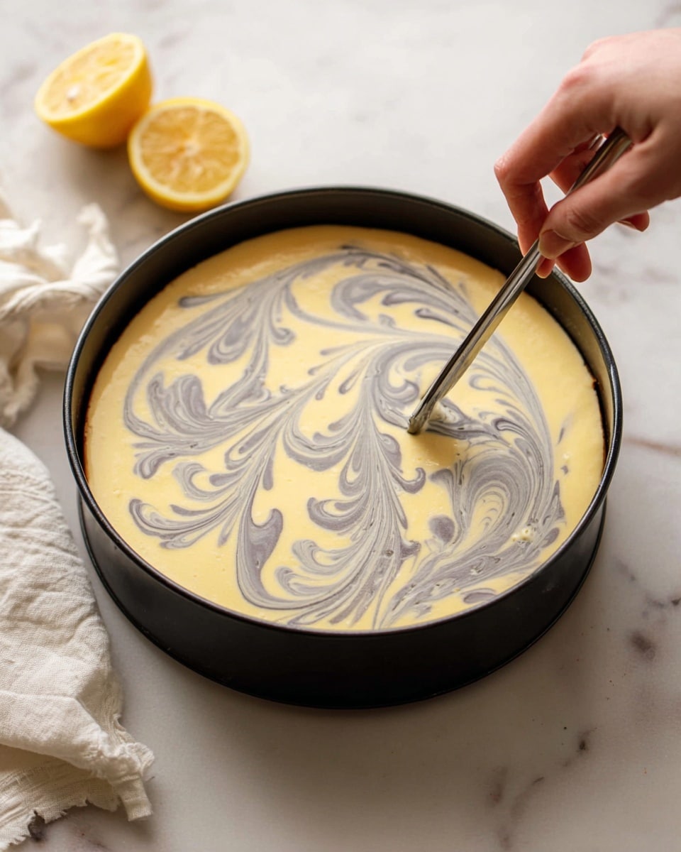 A black round springform pan holds a smooth dessert with two creamy layers swirled together; the base layer is pale yellow and thick, while the swirled layer is a light grey, creating a marbled pattern of soft curves and heart shapes on top. A woman's hand is seen holding a thin metal tool, drawing through the layers to form a detailed design. The pan sits on a white marbled surface next to a halved lemon and a lightly textured white cloth in the background. photo taken with an iphone --ar 4:5 --v 7