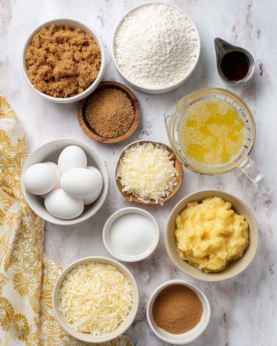 This image shows a top view of several ingredients laid out on a white marbled surface. There are three white bowls holding dry brown sugar in fine crumbles, white sugar granules, and a pile of white flour, all arranged in the upper half of the image. To the right, a small silver cup contains a dark brown liquid, while a clear glass measuring cup holds melted, yellow butter with some foamy texture on top. Below these, three white eggs lie next to a white bowl filled with finely shredded white coconut and another white bowl with crushed yellow pineapple. At the bottom right, a small beige bowl contains a thick yellowish mashed mixture. Around these are four small containers holding salt, baking soda, baking powder, and ground cinnamon, with a wooden bowl containing crunchy brown sugar. A piece of yellow and white patterned fabric is on the bottom left corner. Photo taken with an iphone --ar 4:5 --v 7