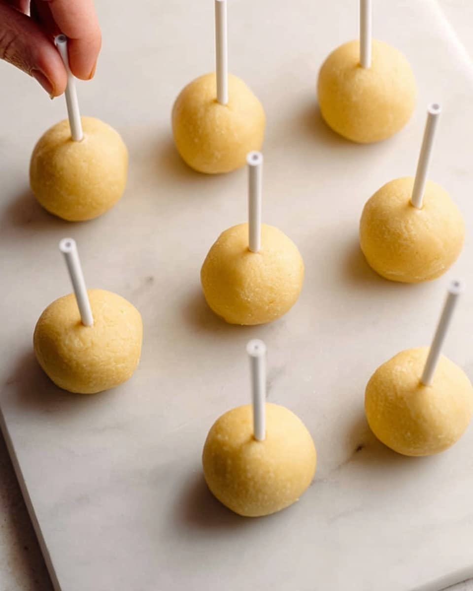 The image shows six round dough balls evenly spaced on a white marbled surface. Each dough ball is pale yellow with a smooth texture and has a white stick inserted straight down into the center, making them look like cake pops before baking. The overall look is simple and clean, with soft lighting that highlights the round shapes and gentle shadows under the dough balls. A woman's hand is just outside the frame, touching one of the sticks. Photo taken with an iphone --ar 4:5 --v 7