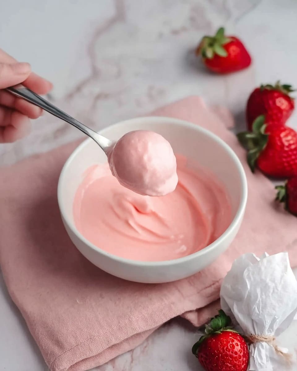 A white bowl filled with smooth, light pink creamy sauce. A spoon is holding a round object dipped in the pink sauce above the bowl. The bowl sits on a soft pink cloth that rests on a white marbled surface. Fresh red strawberries with green tops are scattered near the bowl and on the right side of the image, one strawberry partially wrapped in white paper. A woman's hand rests lightly near the bowl. Photo taken with an iphone --ar 4:5 --v 7