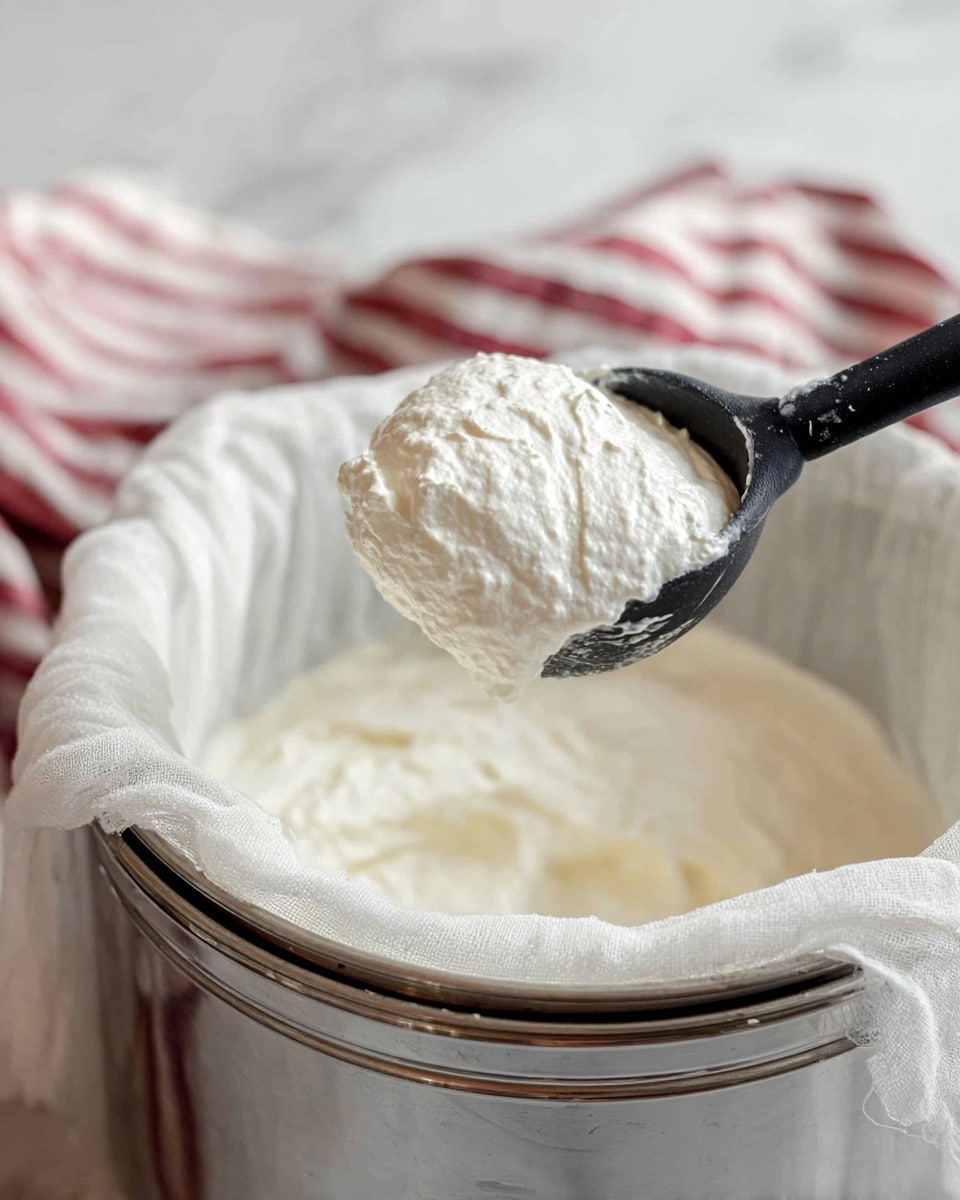 A close-up of a black ladle holding a scoop of thick white creamy yogurt over a large clear bowl lined with white cheesecloth that contains more yogurt. The bowl sits on a shiny silver pot, placed on a white marbled surface. In the soft-focus background, there is a folded red and white striped cloth. The yogurt looks soft and smooth with a slightly textured surface photo taken with an iphone --ar 4:5 --v 7