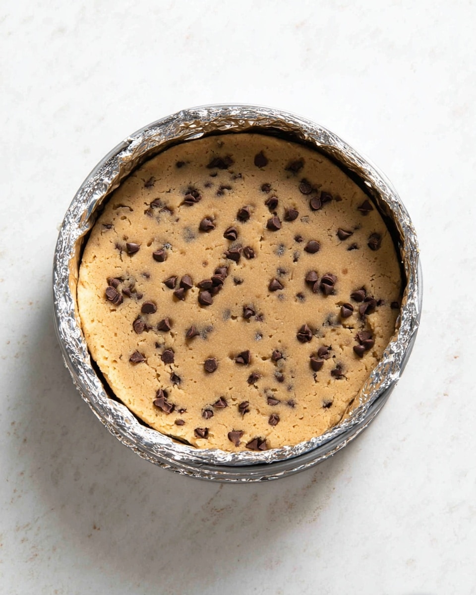 A round chocolate chip cookie dough layer with a light brown color is inside a metal round baking pan wrapped with crumpled silver foil around the outside edges. The dough is studded evenly with small dark brown chocolate chips scattered all over the surface. The pan sits on a white marbled textured surface. photo taken with an iphone --ar 4:5 --v 7