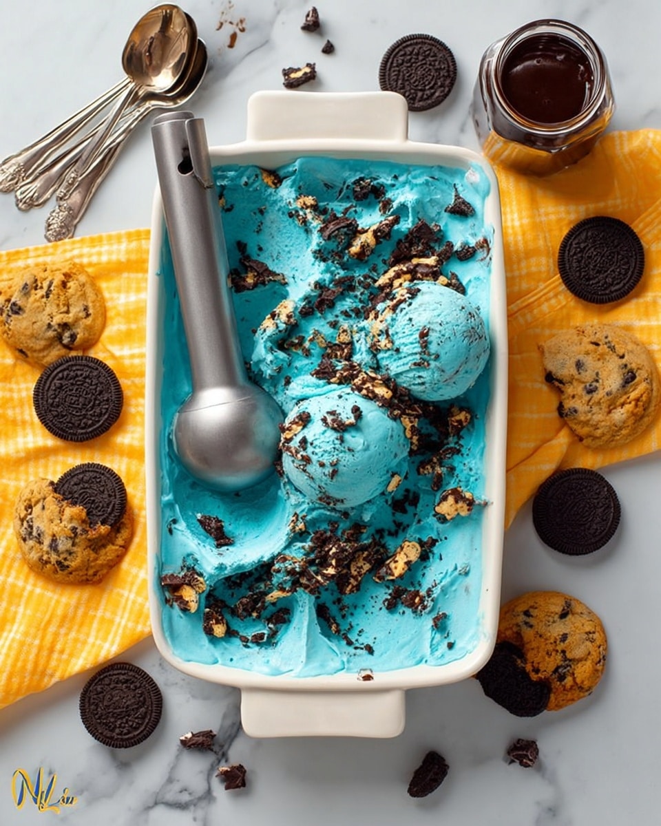 The image shows a white square pan filled with bright blue ice cream, topped with crushed chocolate sandwich cookies and broken chocolate chip cookies. Three scoops of the blue ice cream sit on top, with a metal ice cream scoop resting in the pan. Around the pan, there are whole chocolate chip cookies and whole chocolate sandwich cookies scattered, along with a small glass jar of chocolate sauce with a spoon inside. A yellow cloth with white stripes is placed partially under the pan on a white marbled surface. The photo taken with an iphone --ar 4:5 --v 7