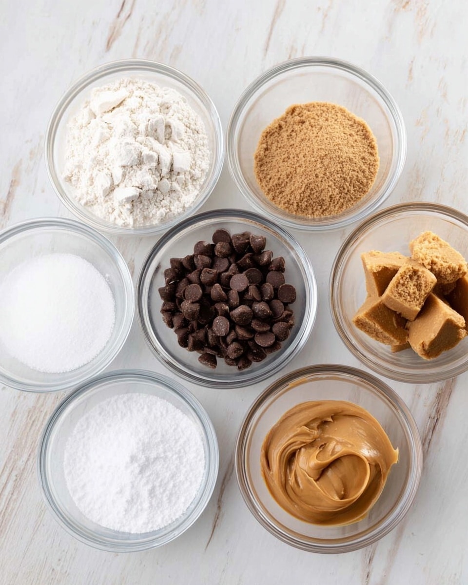 The image shows five small clear glass bowls arranged in a loose circle on a white marbled surface. Each bowl holds a different ingredient: the top left bowl contains white flour with a powdery texture, the top right bowl has light brown soft brown sugar, the center bowl is filled with dark brown chocolate chips, the bottom left bowl contains fine white granulated sugar, and the bottom right bowl holds a smooth, light brown creamy peanut butter. The bowls are evenly spaced, showing a clean and organized layout. Photo taken with an iphone --ar 4:5 --v 7