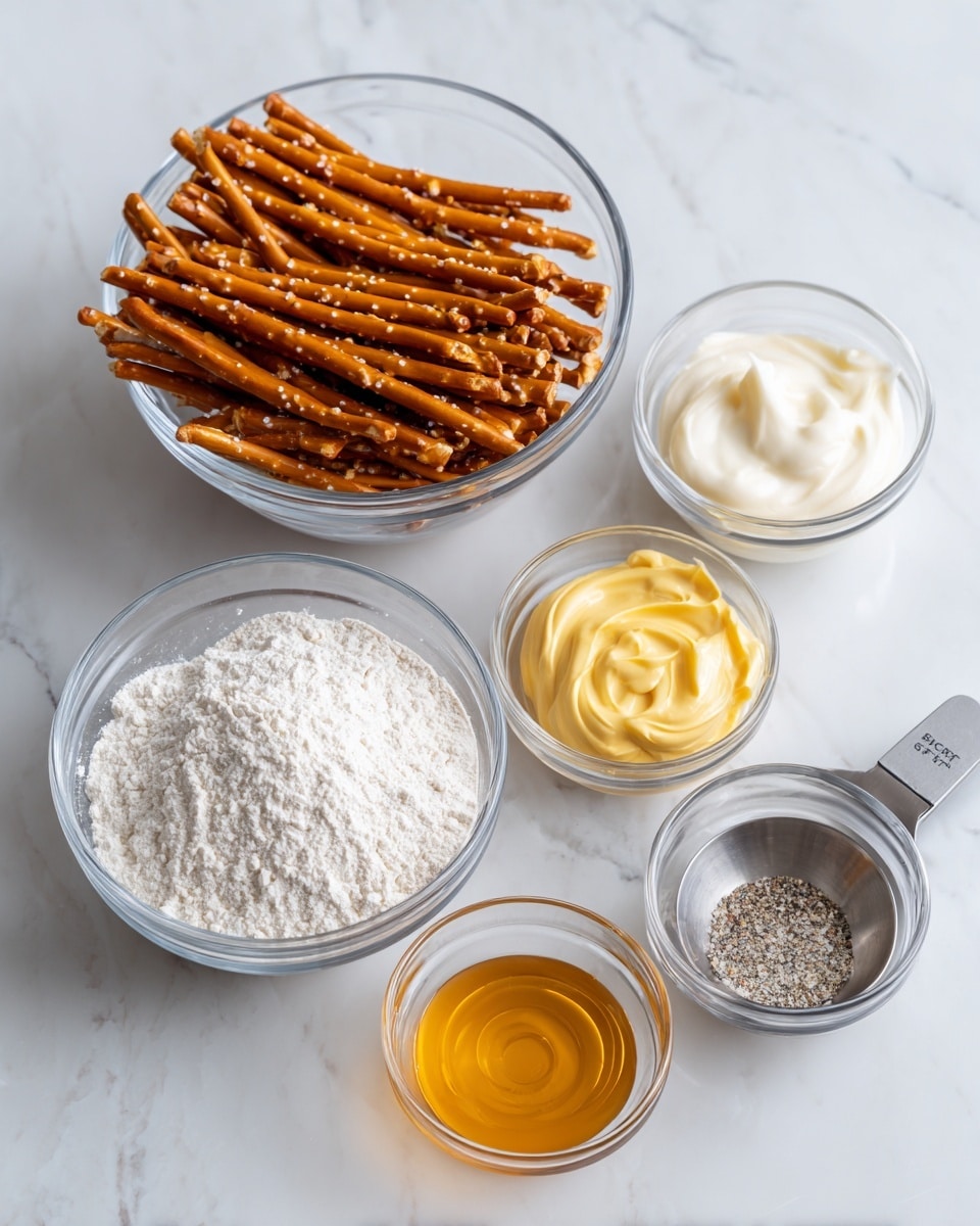 The image shows six clear glass bowls arranged on a white marbled surface. The largest bowl contains crunchy pretzel sticks that are light brown and shiny, placed at the back left. In front of it is a smaller bowl with white flour, fine and powdery. To the right of the flour bowl are four small glass bowls: one with smooth yellow mustard, one with creamy white mayonnaise, one with clear golden honey, and one small metal measuring cup filled with salt and pepper mix. All items have clear textures and colors that stand out against the white marbled background. photo taken with an iphone --ar 4:5 --v 7