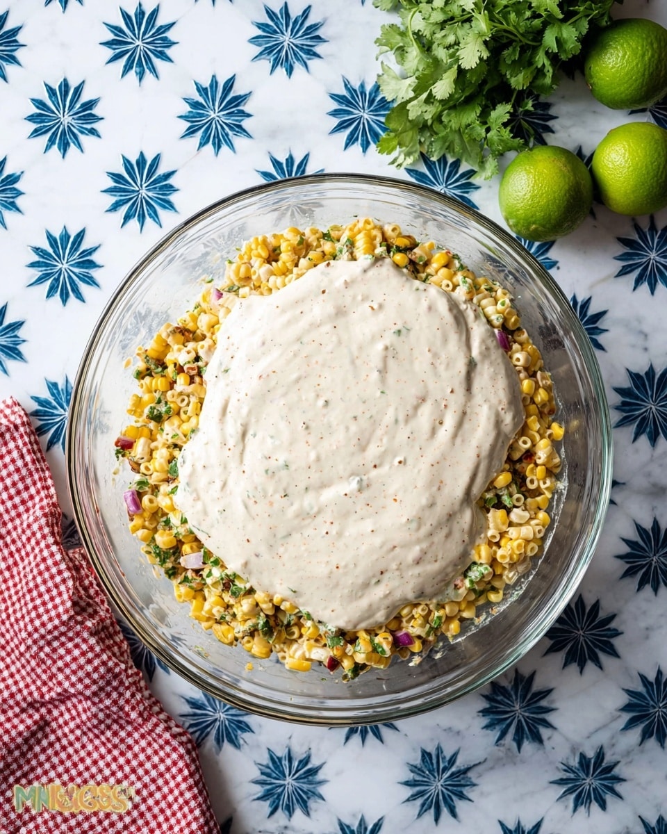 A clear glass bowl holds a layered food mixture with the bottom layer showing small, light yellow pasta tubes mixed with grilled corn kernels, small red onion pieces, and green herbs. Over this, a thick, creamy white sauce with small visible specks is spread unevenly, covering about half of the pasta mixture. The bowl is placed on a white marbled surface featuring a blue geometric star pattern. In the upper right corner, two halved green limes and a bunch of fresh green cilantro rest on the surface, while a red and white checked cloth is partially visible in the lower left corner. Photo taken with an iphone --ar 4:5 --v 7