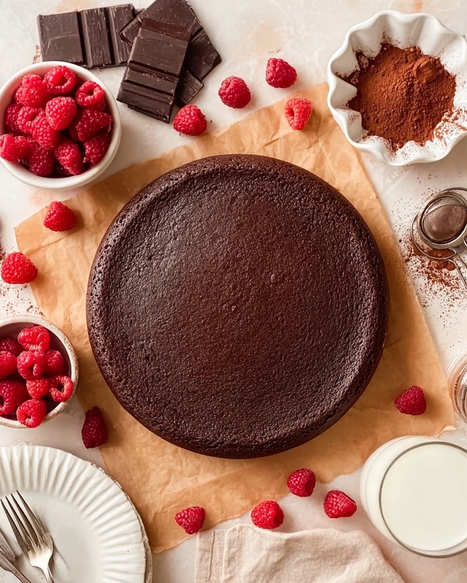 A dark brown, smooth cake sits flat on a piece of brown parchment paper, showing a soft but firm surface texture with slight swirls. Around the cake, there are scattered fresh red raspberries, a small white bowl filled with more raspberries on the left, and a few large chunks of dark chocolate bars nearby. On the top right, a white scalloped dish filled with cocoa powder has a metal sifter resting on it, with some cocoa powder spilled around. A glass of white milk is on the bottom right corner against a white marbled background. In the lower left corner, there is a stack of white plates with a white fork on top. photo taken with an iphone --ar 4:5 --v 7