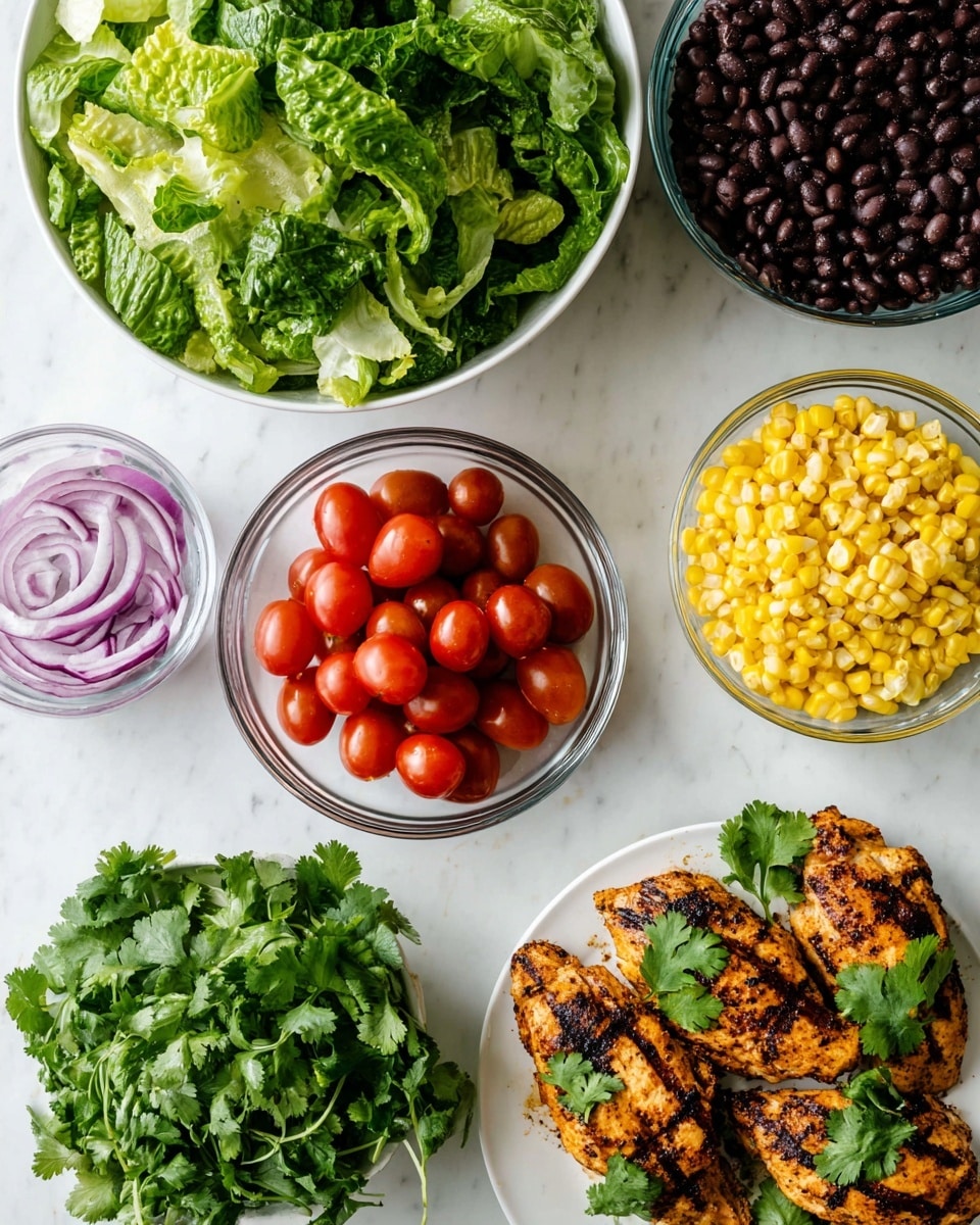 The image shows several white bowls and a white plate arranged on a white marbled surface. There is a large bowl filled with fresh green lettuce leaves at the bottom, a small bowl with sliced purple onions on the left, a clear glass bowl with halved red cherry tomatoes in the center, a white bowl with bright yellow corn kernels at the top right, and a white bowl filled with black beans at the top left. On the white plate on the right side, there are two pieces of grilled chicken with charred marks, garnished with fresh green cilantro leaves. The scene is brightly lit with natural light. photo taken with an iphone --ar 4:5 --v 7