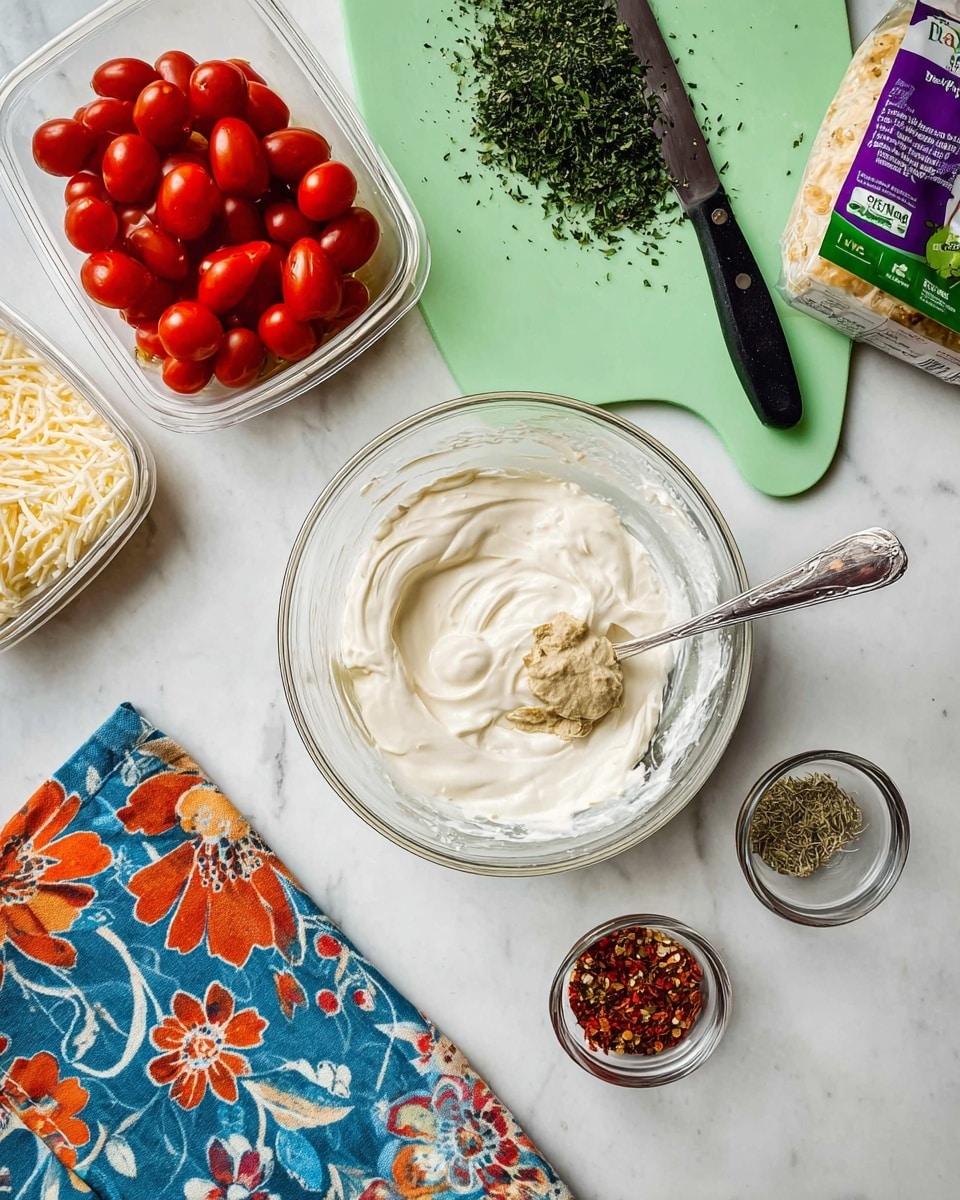 A clear glass bowl sits on a white marbled surface, filled with a creamy white mixture topped with a small dollop of light beige paste, with a silver spoon resting inside. Above the bowl on the surface is a light green cutting board with finely chopped dark green herbs and a black knife placed diagonally on it. Below and to the left is a clear plastic container of small, bright red cherry tomatoes, and partially visible behind it is a package of shredded white cheese with green and purple packaging. To the right of the bowl is a colorful napkin with blue, orange, red, and green floral patterns, beside two small clear glass bowls, one with a mix of dried green and beige spices and the other with red chili flakes. photo taken with an iphone --ar 4:5 --v 7