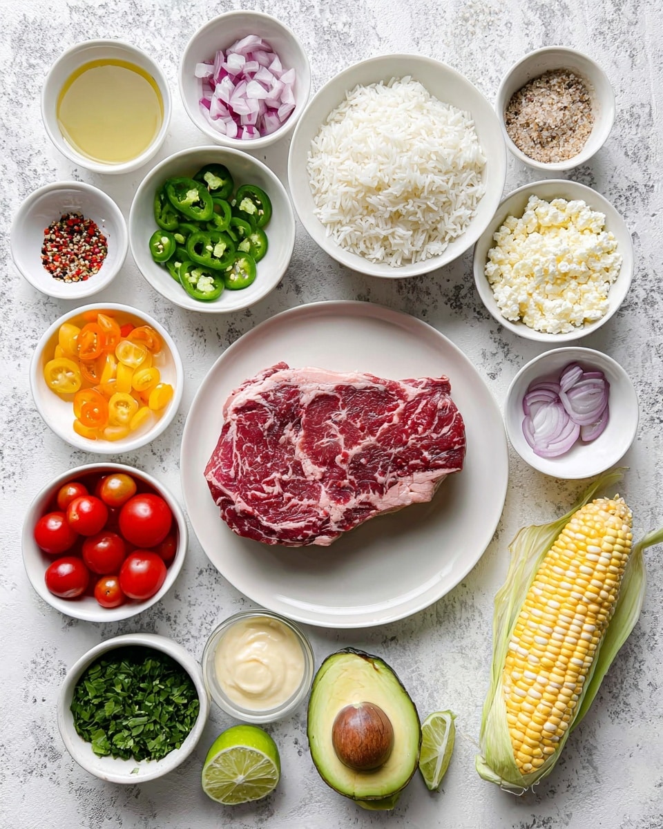 A flat lay of various fresh ingredients arranged neatly on a white marbled surface, center stage is a white plate holding one large marbled raw steak with red and white textures showing fat and meat. Surrounding the steak are small white bowls containing different items: fluffy white cooked rice, bright green sliced jalapeños, chopped red onions, chopped fresh green herbs, sliced colorful cherry tomatoes in red, yellow, and dark purple, a dollop of pale yellow creamy sauce, and finely minced garlic. There is also a white bowl with a mix of red, black, and white spices, a small bowl of white crumbly cheese, a bowl with pale yellow grated cheese, an avocado, a pale yellow ear of corn, and a small amount of clear oil in another white bowl. Two small lime wedges rest in a white bowl near the avocado. The layout is clean and bright, all colors vibrant against the white marbled background. photo taken with an iphone --ar 4:5 --v 7