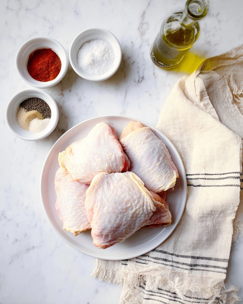The image shows a white plate with four raw chicken thighs stacked, each piece light pink with soft white skin and slightly yellow fat. To the left of the plate, there are two small white bowls; one has five different spices arranged in small piles in colors of red, black, white, tan, and beige, and the other bowl holds a white powder. To the right of the plate, there is a clear glass bottle of olive oil and a cream-colored cloth with thin black stripes, all placed on a white marbled surface. photo taken with an iphone --ar 4:5 --v 7