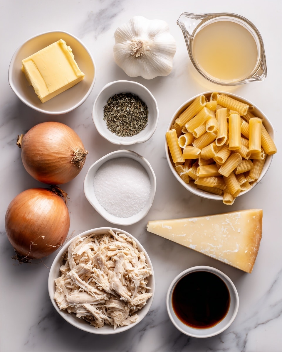 The image shows ingredients arranged neatly on a white marbled surface, each labeled in black and white text. At the top left, there is a small white bowl with a block of yellow butter. Next to it, a whole white garlic bulb is placed. To the right, there is a clear measuring cup filled with light golden chicken broth. Below the garlic, a small white bowl holds dried thyme leaves, and beside it, a small dark bowl contains white sugar. Two whole brown onions sit below these bowls. At the center-right, a white bowl is filled with dry pasta tubes that are light yellow. Below the onions, a white bowl contains shredded cooked chicken in beige tones. To the right of the chicken, there is a triangular wedge of pale yellow Gruyere cheese with its label visible. Below the cheese, a small white bowl holds a dark brown Worcestershire sauce. Finally, next to the sauce, a small white cup contains a light golden liquid labeled white wine. All items are spaced evenly and viewed from above. Photo taken with an iphone --ar 4:5 --v 7