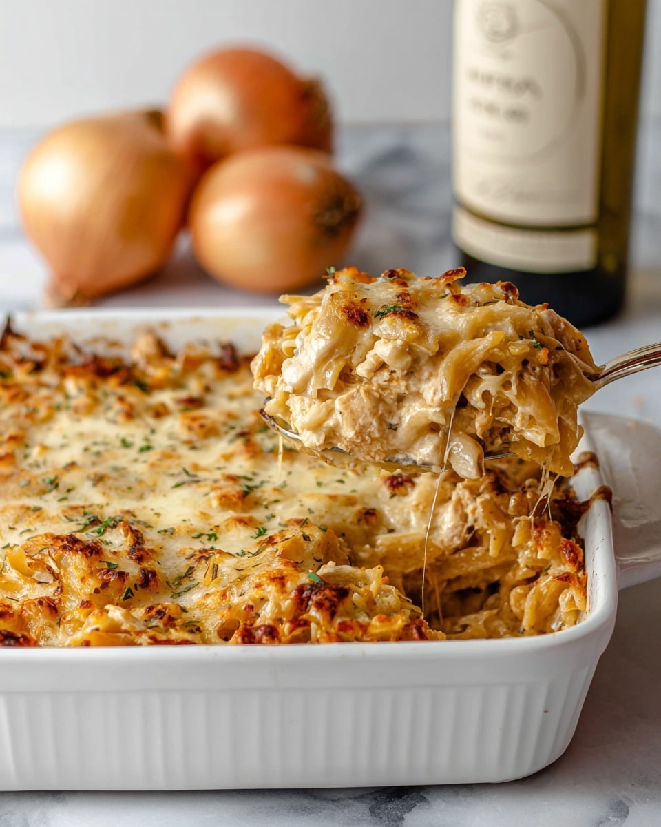 The image shows a white baking dish filled with a baked pasta dish. The top layer is golden brown melted cheese with a slightly crispy texture and specks of herbs. Underneath the cheese, there are layers of pasta mixed with a sauce that looks creamy and contains pieces of cooked chicken or similar meat. A spoon is lifting a portion from the right side, showing the layers of pasta, cheese, and sauce clearly. The dish is set on a white marbled surface, with two onions and a bottle blurred in the background. Photo taken with an iphone --ar 4:5 --v 7