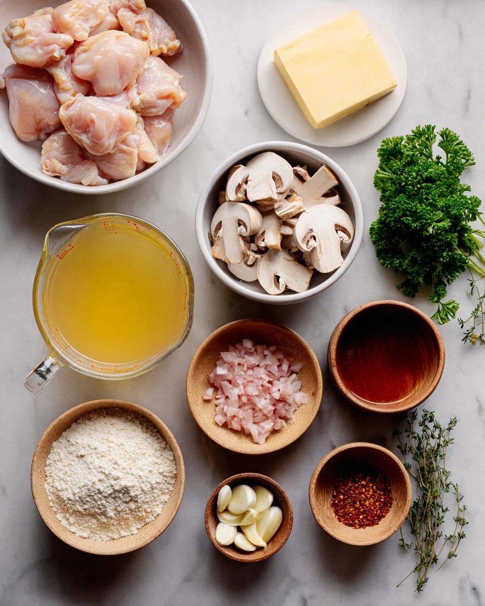 This image shows raw cooking ingredients arranged on a white marbled surface. There are two white bowls, one containing raw chicken pieces on the bottom left and the other with a small slab of yellow butter on the top left center. A glass measuring cup filled with light yellow broth or juice is placed on the left side. Five small wooden bowls hold different ingredients: one with white flour near the top center, one with sliced white mushrooms slightly below it, one with chopped pink shallots near the bottom center, one with minced garlic to the right of the shallots, and one with reddish-brown liquid near the bottom right. There is also a small wooden bowl with mixed spices containing red flakes. Fresh green parsley is at the top right next to a small bunch of thyme sprigs at the bottom right. The overall scene looks clean and organized with soft lighting. Photo taken with an iphone --ar 4:5 --v 7