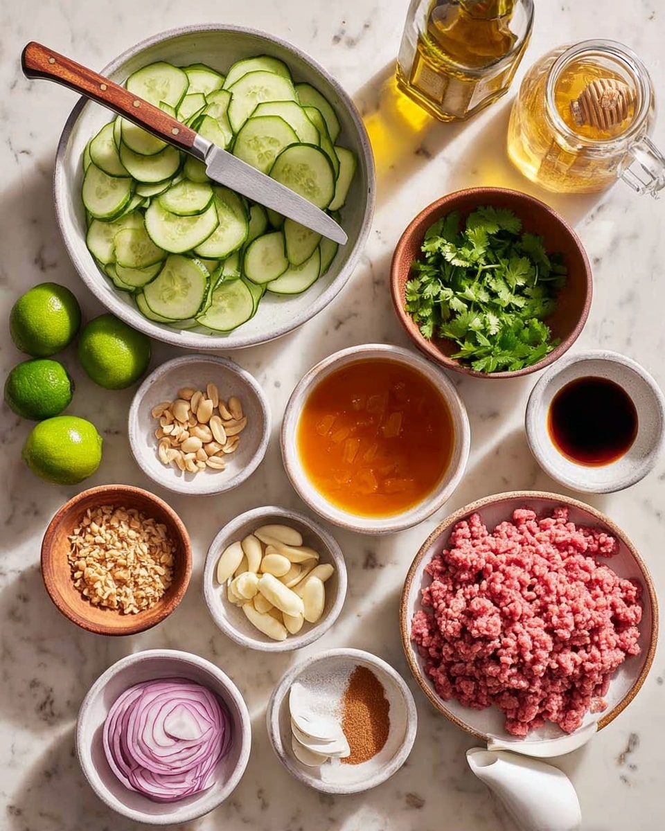 The image shows an overhead view of multiple white bowls and small dishes arranged on a white marbled surface, each holding different ingredients. In the lower right, a bowl is filled with raw pink ground meat, next to a white container with a spout. Above it, there is a bowl with bright green cilantro leaves and a small bowl with two whole limes and a wooden citrus juicer. To the left, a large bowl contains evenly sliced cucumber rounds with a knife resting on top with a green handle. Near the center, a bowl is filled with a reddish-orange sauce with a wooden spoon inside. Surrounding it are small bowls and dishes holding peeled garlic cloves, diced white onions, chopped peanuts, dark soy sauce, a light brown powder, a bowl with pickled red onions, white powder, and a mix of yellow, orange, and red spices with salt. A clear jar and a bottle of light oil complete the spread, all arranged neatly for a recipe preparation. Photo taken with an iphone --ar 4:5 --v 7