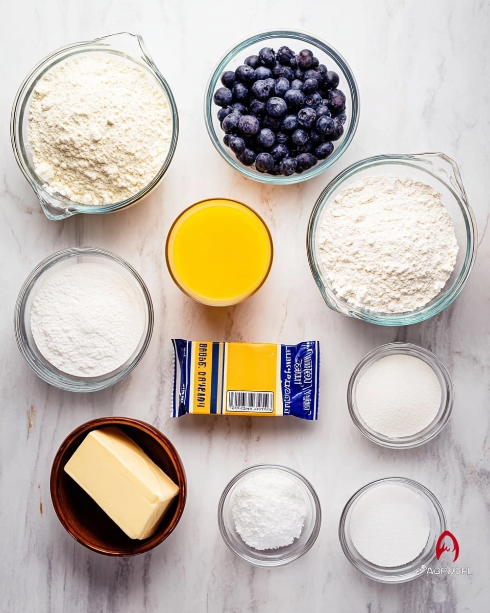 The image shows baking ingredients neatly arranged on a white marbled surface. There are glass measuring cups filled with white flour and milk positioned on the right and left sides. A small glass bowl with frozen blueberries is at the top center. To the right of the blueberries is a glass with bright orange juice. Below the blueberries is a small brown bowl holding a single white egg. A stick of butter rests horizontally next to the egg. A small packet of yeast lies flat near the center. Two small glass bowls filled with white sugar and powdered sugar are placed near the bottom. A woman's hand is not present but the layout is visually clean and organized. photo taken with an iphone --ar 4:5 --v 7