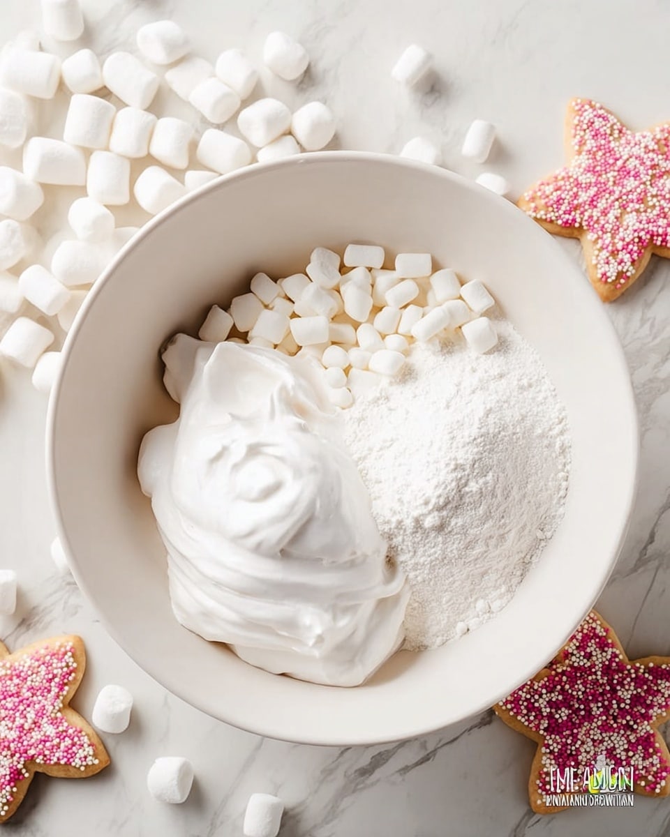 A white bowl sits on a white marbled surface filled with three distinct sections: a large dollop of smooth, white whipped cream-like texture on the lower left, a pile of tiny white cylindrical mini marshmallows on the upper right, and a mound of fine white powder filling the remaining space on the upper left. The bowl has a clean and simple look with the ingredients neatly divided inside. Around the bowl, there are some white mini marshmallows and three colorful star-shaped cookies with pink and white icing and sprinkles. Photo taken with an iphone --ar 4:5 --v 7