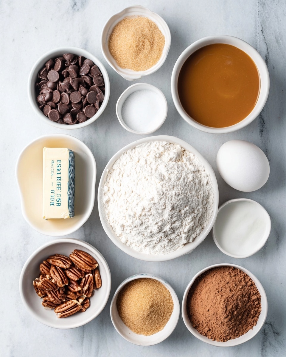 The image shows a set of white round bowls and two eggs arranged on a white marbled surface. In the top left bowl, dark brown chocolate chips fill the bowl fully. To the right, a bowl contains smooth, shiny light caramel sauce. Next to it on the right is a small bowl with white powder, likely baking powder. Below the chocolate chips is a block of unsalted butter in its wrapper. Below the caramel and powder bowls is a large bowl filled with white flour, heaped in the center. Below the butter is a small bowl filled with brown pecan halves, rough texture and irregular shapes. To the right of the pecans is a bowl of light brown cocoa powder with a soft powdery texture. Below the eggs are two bowls—one filled to the top with tan soft brown sugar, and beside it is a bowl of white powdered sugar. Finally, below the brown sugar bowl is a small bowl of white liquid, possibly milk. The two eggs, one light brown and one beige, are placed next to the butter on the left side. Photo taken with an iphone --ar 4:5 --v 7