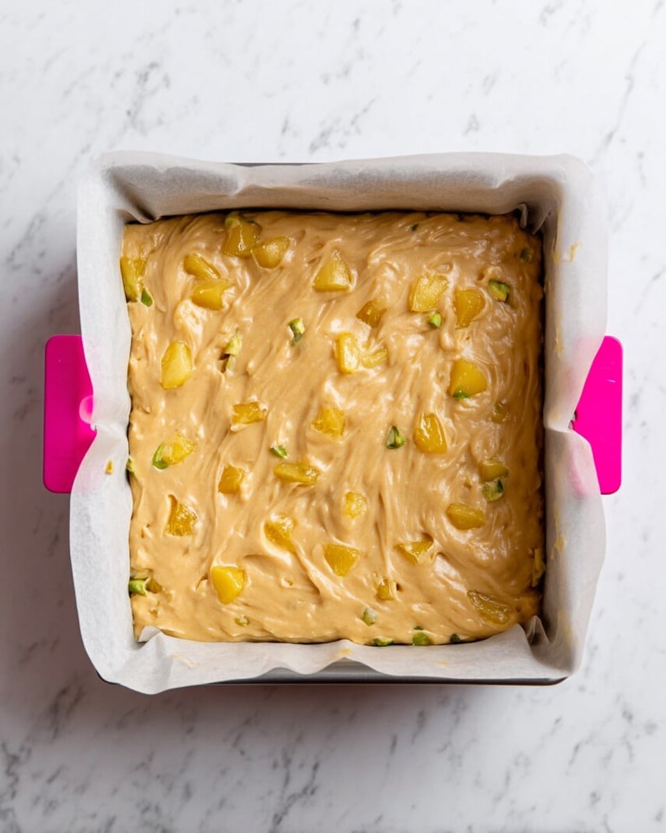 The image shows a square baking pan lined with white parchment paper clipped with pink clips on the top and bottom edges. Inside is a thick, light tan batter with chunks of yellow and green fruit distributed throughout. The batter has a smooth texture with some swirl marks on the surface. The pan sits on a white marbled surface. photo taken with an iphone --ar 4:5 --v 7