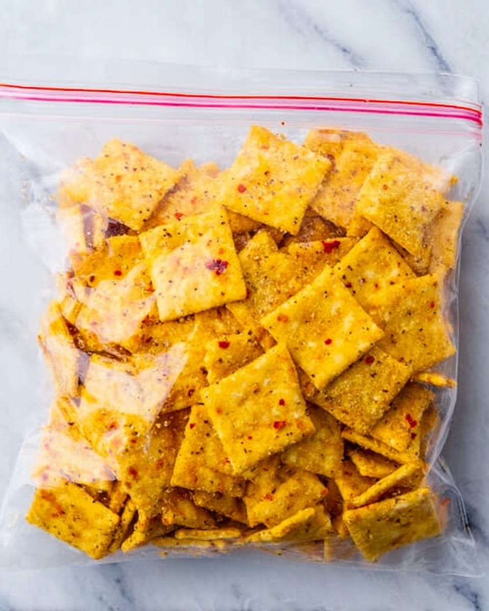 A clear resealable plastic bag filled with square yellow crackers that look slightly seasoned with red pepper flakes and some light brown spices. The bag is laid flat on a white marbled surface, with the crackers arranged loosely inside, showing some overlap and some separated pieces. The seasoning is visible on the crackers, giving them a textured look with small red and brown specks. Photo taken with an iphone --ar 4:5 --v 7