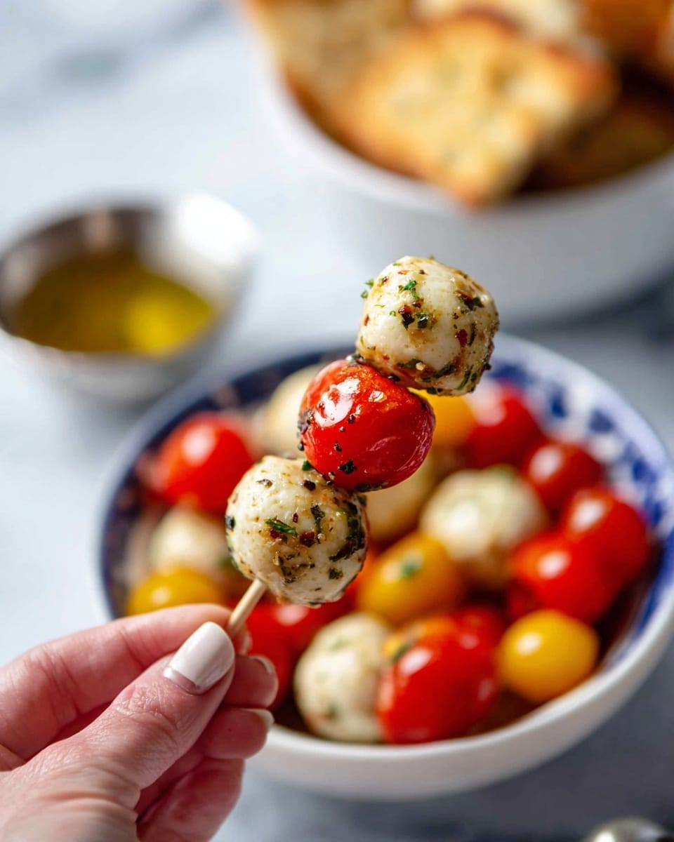 A close-up view of a woman's hand holding a skewer with two layers on it: the bottom layer is a small round white cheese ball with herbs and spices sprinkled on it, and the top layer is a shiny red cherry tomato. In the background, there is a white bowl filled with a mix of similar cheese balls and cherry tomatoes of red and yellow colors. To the left, a small silver bowl with golden-colored liquid is slightly blurred, and behind that, a white bowl with pieces of toasted bread. All items are placed on a white marbled surface. photo taken with an iphone --ar 4:5 --v 7