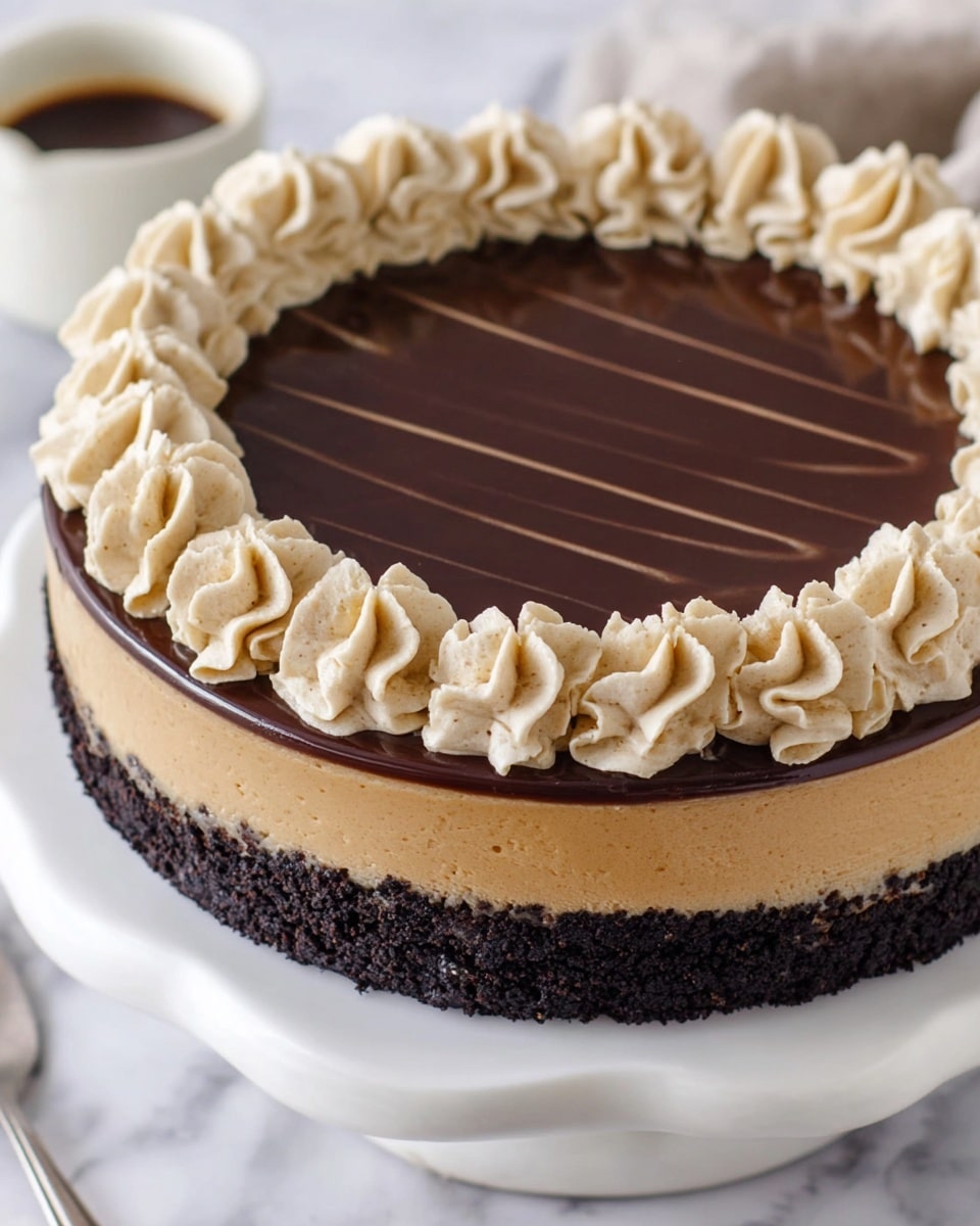 A round cake sits on a white plate with a slightly wavy edge, placed on a white marbled surface. The cake has three clear layers: a thick, rough-textured, dark chocolate crumb crust on the bottom; a smooth, light brown caramel-colored middle layer; and a shiny, dark chocolate top layer with faint horizontal lines. Around the edge of the top layer, there is a ring of light beige cream piped in alternating swirls and stars, giving a soft, fluffy look. Photo taken with an iphone --ar 4:5 --v 7
