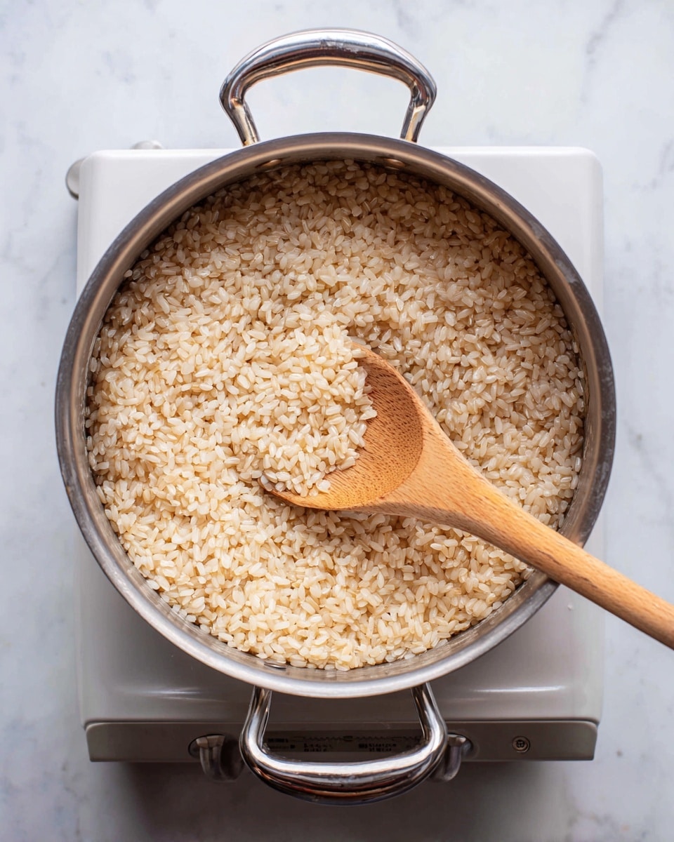 A top view of a metal pot filled with creamy, light beige risotto rice, showing many individual grains thickly packed with a soft texture. A wooden spoon is stirring the risotto from the right side, slightly lifting some grains, with a smooth light brown handle extending outside the pot. The pot has two metal handles on each side and is placed on a white electric cooker. The background is a white marbled surface. Photo taken with an iphone --ar 4:5 --v 7