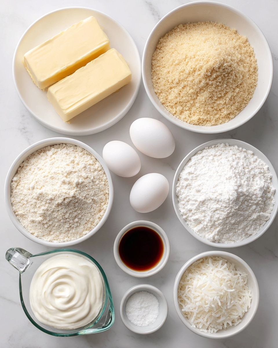 The image shows various baking ingredients arranged neatly on a white marbled surface. At the top left, two sticks of pale yellow butter sit on a white plate. To the right, a white bowl is filled with white granulated sugar. Below it, a larger white bowl contains light tan almond flour with a grainy texture. On the left, a white bowl is full of fine white flour. Near the center, three white eggs are placed close together. To the right of the eggs, a small white cup holds dark brown vanilla and coconut extracts. Below these are a small white dish with white baking powder, a white bowl filled with white shredded coconut, and another white bowl of powdered sugar. On the bottom left, a glass measuring cup contains heavy white whipping cream. All items are spaced out clearly and photographed from above. photo taken with an iphone --ar 4:5 --v 7