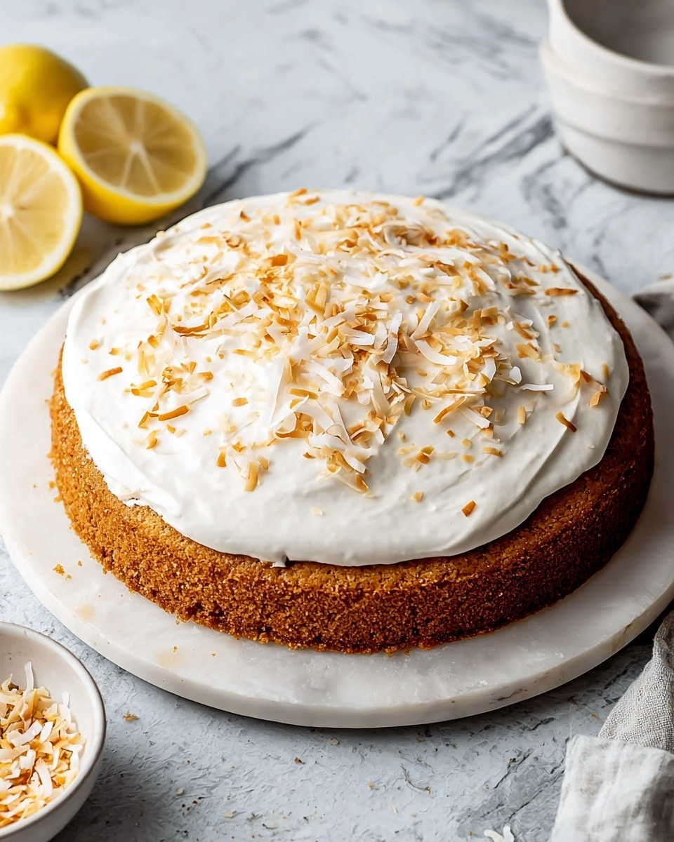 The image shows a single-layer round cake with a golden brown color, placed on a white marbled plate. The cake is topped with a thick, smooth, and creamy layer of white frosting, spread evenly across the surface. Light golden toasted coconut flakes are sprinkled over the frosting, adding texture and color contrast. A single slice is cut out from the cake, revealing the soft, moist interior. The scene includes a small white bowl filled with more toasted coconut flakes and some lemon wedges nearby. The background features a white marbled texture. photo taken with an iphone --ar 4:5 --v 7