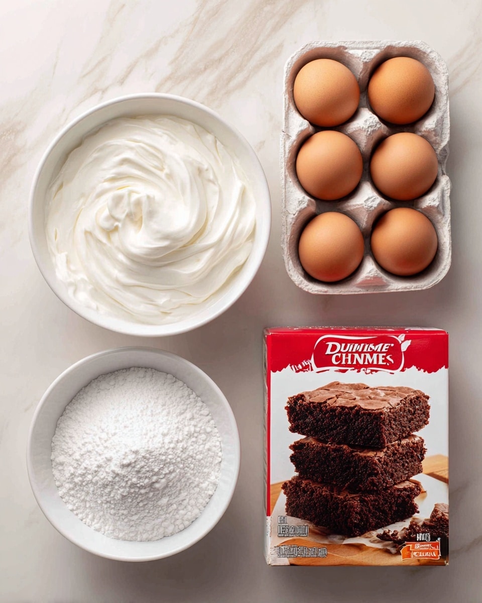 The image shows four ingredients arranged on a white marbled surface. There is a white bowl filled with smooth, white Cool Whip at the top left, next to a white egg carton holding six brown eggs at the top right. Below them, at the bottom left, there is a white bowl piled with fine, white powdered sugar. To the right of the powdered sugar is a red and orange Duncan Hines Chewy Fudge Brownie Mix box featuring a close-up of three stacked, dark brown brownies with a textured top layer. Each ingredient is labeled with black and white text. photo taken with an iphone --ar 4:5 --v 7