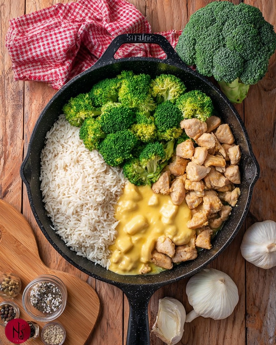 A black pan sits on a wooden surface, divided into four sections of ingredients. The bottom left section holds a pile of white rice, looking loose and fluffy. The top half is full of bright green broccoli florets with a fresh, slightly rough texture. The right side has small pieces of light brown cooked chicken scattered around, with a creamy yellow cheese sauce covering some of the chicken pieces on the bottom right. On the right side near the pan are a whole broccoli head and garlic bulbs. A folded red and white checkered cloth lies in the bottom left corner. There are small containers with coarse salt and mixed peppercorns on a wooden board at the bottom right. photo taken with an iphone --ar 4:5 --v 7
