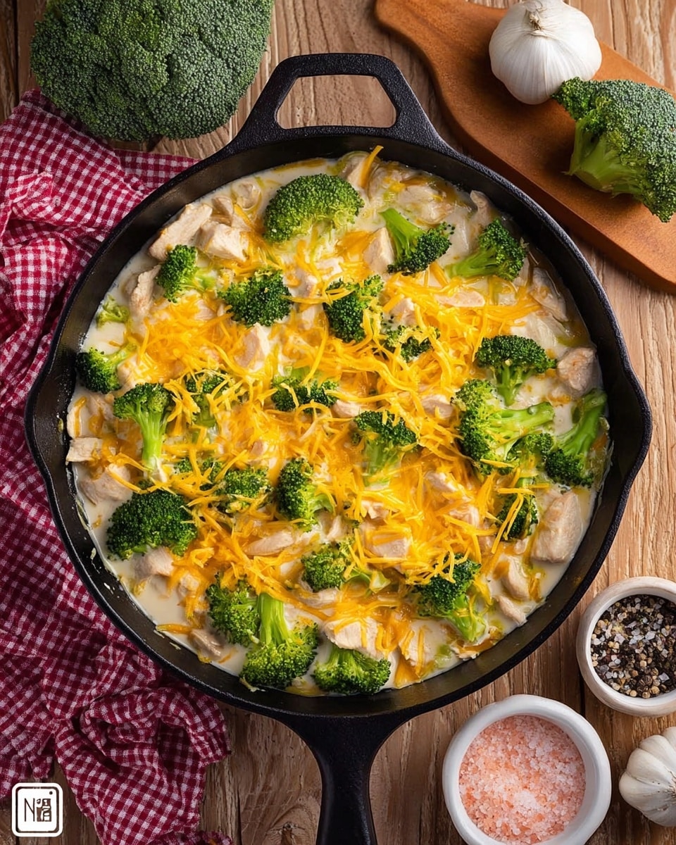 A black cast iron pan filled with three clear layers: the bottom layer is a creamy white sauce with chunks of light-colored cooked chicken, the middle layer has bright green broccoli florets evenly spread, and the top layer features shredded orange cheddar cheese covering the dish. The pan is placed on a wooden table with a red and white checkered cloth on the bottom left, a head of broccoli and two garlic bulbs at the top right, and a small wooden board holding a white bowl of pink salt and a container of black pepper on the bottom right. Photo taken with an iphone --ar 4:5 --v 7