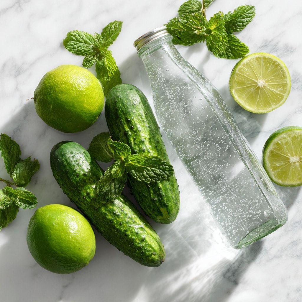 Two short clear glasses with gold rims are filled with a light green drink and ice cubes. Each glass has long, thin, curled slices of cucumber inside, wrapping around the drink from bottom to top. The liquid looks refreshing and slightly bubbly, topped with green mint leaves and small blue flowers for decoration. The glasses are placed on a white marbled surface, and a blurred green bottle can be seen in the background. photo taken with an iphone --ar 4:5 --v 7
