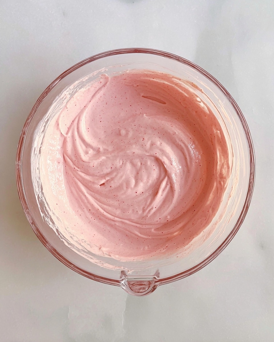 A clear glass bowl contains a single layer of smooth, light pink creamy mixture with tiny darker specks throughout. The mixture has been spread evenly with visible soft swirls and gentle peaks around the edges, resting on a white marbled surface. photo taken with an iphone --ar 4:5 --v 7