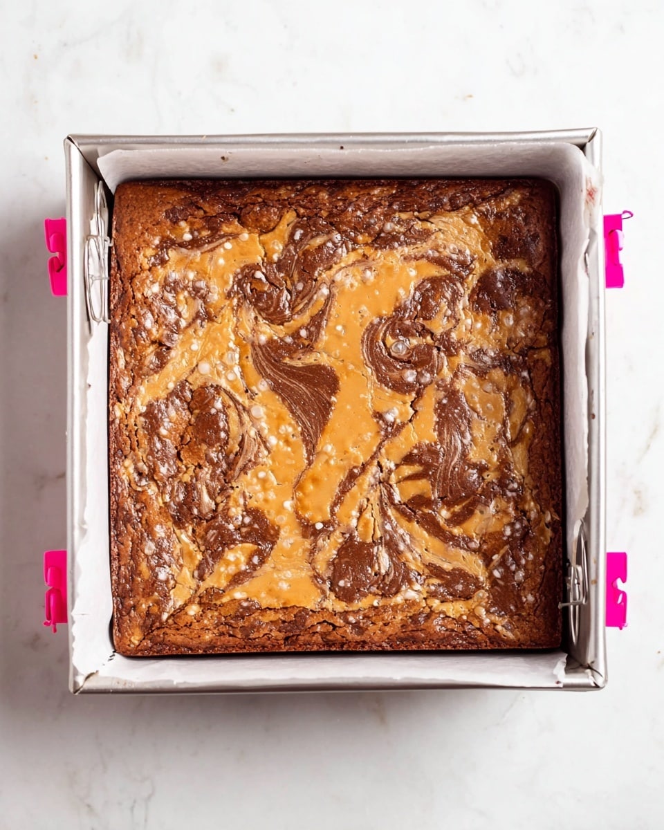 A square baked dessert in a silver pan with white paper lining and pink clips on two sides. The top layer shows a swirled pattern of creamy light caramel color mixed with darker chocolate brown, creating a marbled texture. The surface has small bubbles and a slightly glossy finish with a few cracks near the edges. The pan sits on a white marbled background. photo taken with an iphone --ar 4:5 --v 7
